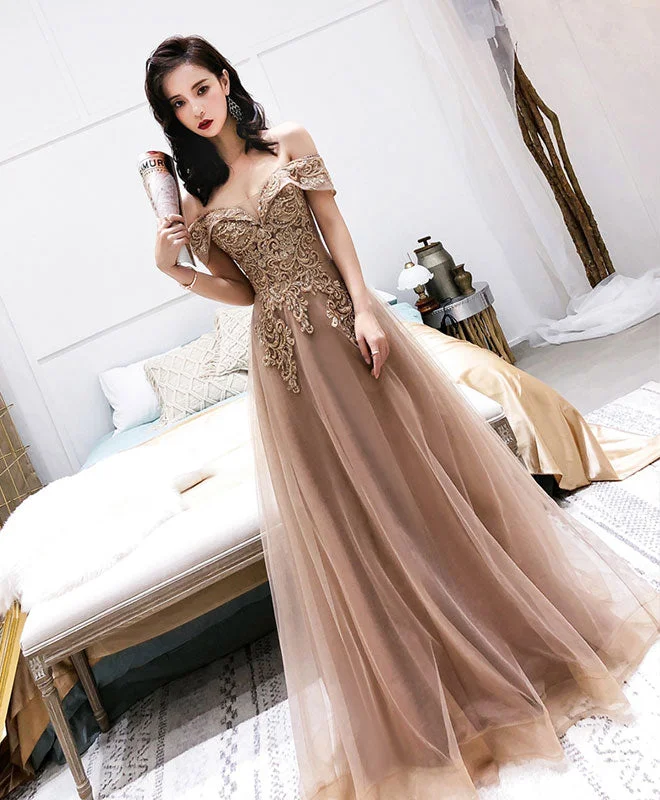 High Street Series Champagne Tulle Off Shoulder Long Prom Dress, Tulle Evening Dress