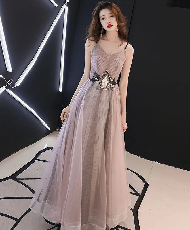 Minimal Classic Champagne V Neck Tulle Long Prom Dress, Evening Dress