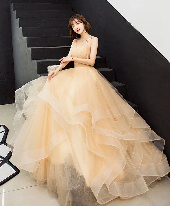 Exquisite Tailoring Champagne V Neck Tulle Long Prom Dress, Tulle Evening Dress