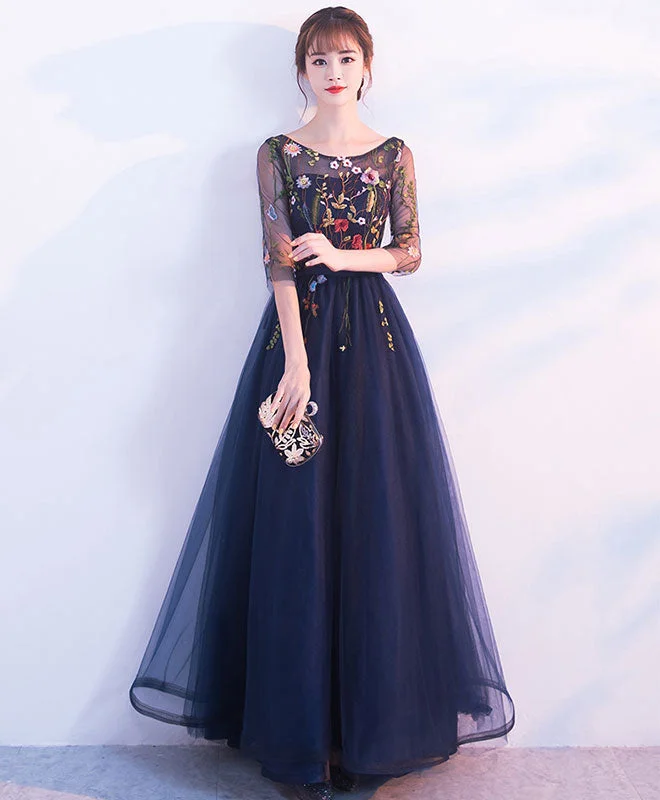 Free And Comfortable Dark Blue Tulle Lace Long Prom Dress, Blue Evening Dress
