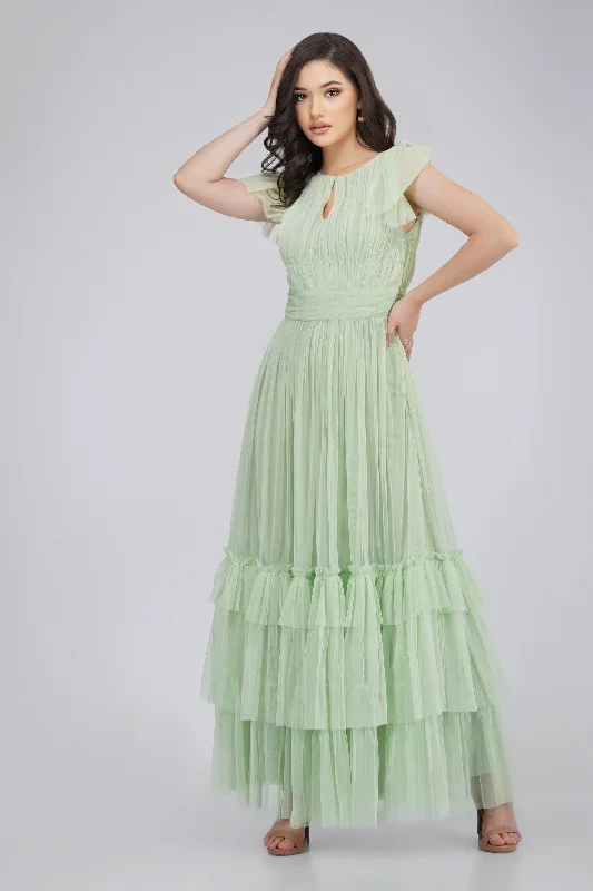 Floral Prints Diva Tulle Maxi Dress in Sage