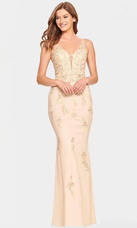 British Style Faviana S10855 - V Neck Appliqued Tulle Prom Dress