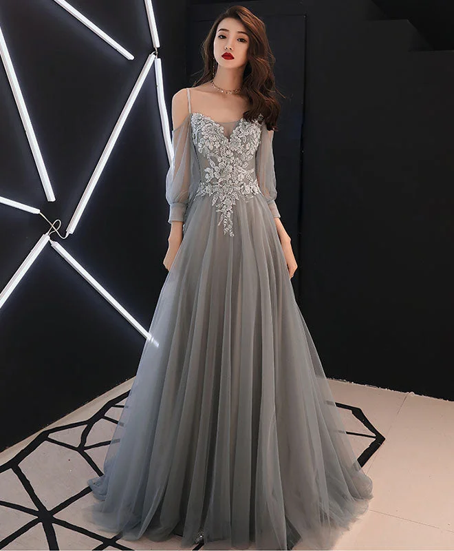 Youthful Style Gray Sweetheart A-Line Tulle Lace Long Prom Dress, Gray Evening Dress