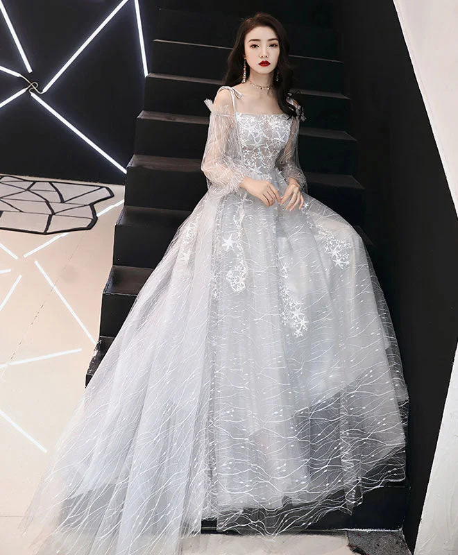 Must-have For Autumn And Winter Gray Tulle Lace Long Prom Dress, Gray Tulle Evening Dress