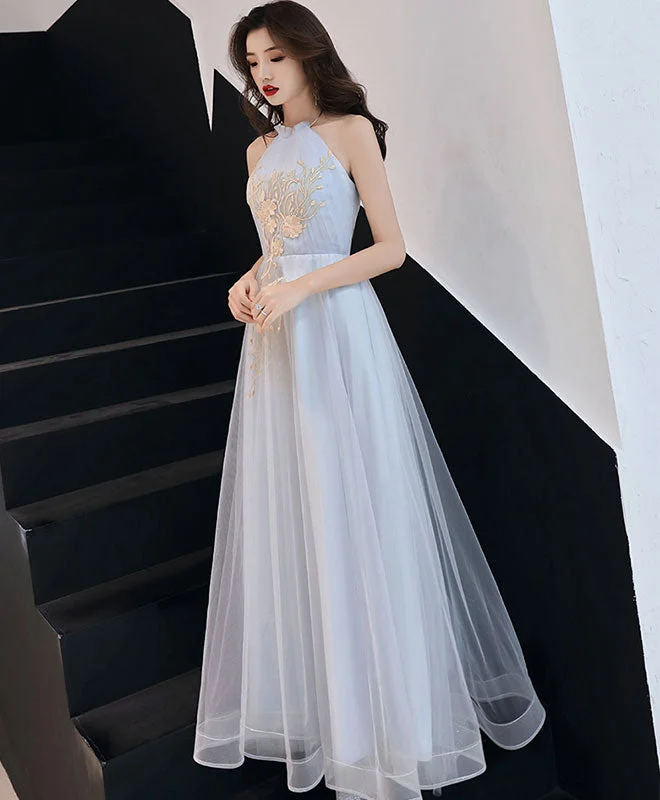 Dressing Tips Gray Tulle Lace Long Prom Dress, Gray Tulle Evening Dress