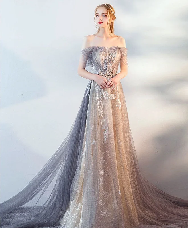 Comfortable Wear Gray Tulle Lace Long Prom Dress, Gray Tulle Lace Evening Dress