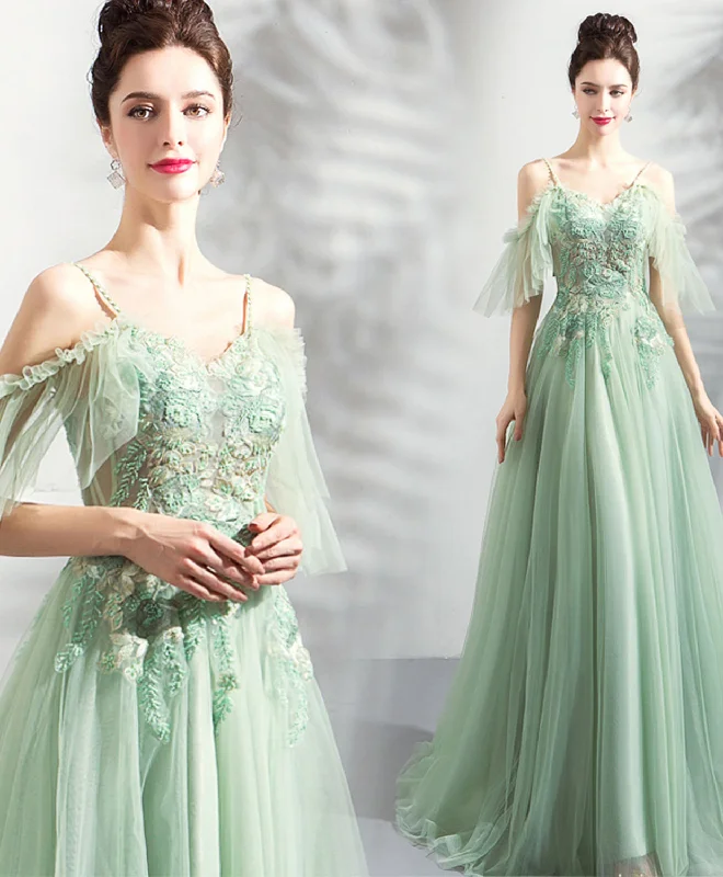 Dressing Tips Green Tulle Off Shoulder Long Prom Dress, Green Tulle Evening Dress