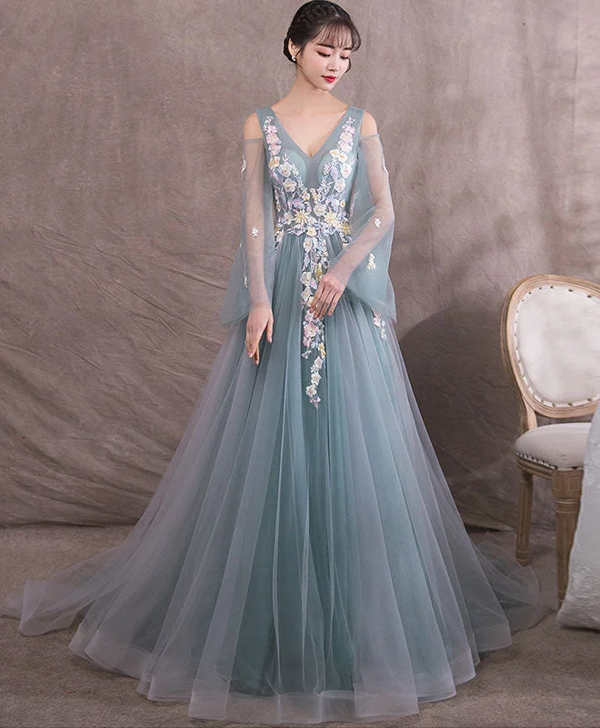 Comfortable Fashion Green V Neck Tulle Lace Long Prom Dress, Gray Green Evening Dress
