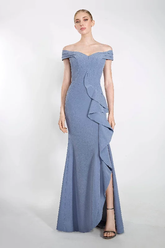 Perfect Tailoring Janique - K6876 Off Shoulder Ruffle Slit Trumpet Gown