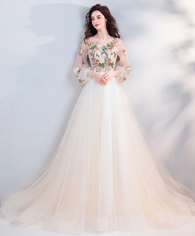 Fashion Touch Light Champagne Tulle Lace Long Prom Dress, Champagne Tulle Evening Dress