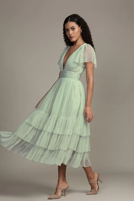 Comfortable Mind Madison Sage Green Tulle Bridesmaid Midi Dress