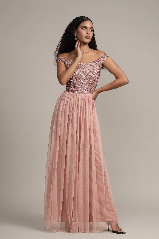 Free And Comfortable Nina Taupe Embellished Bridesmaid Maxi Dress