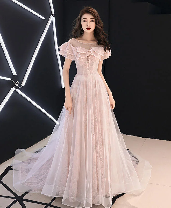 New Products Pink Round Neck Tulle Lace Long Prom Dress, Pink Evening Dress
