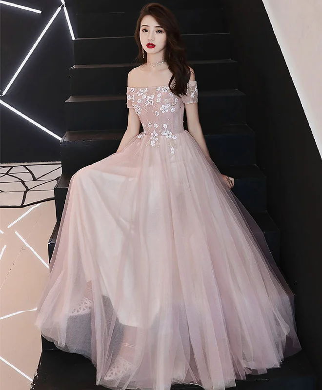 Retro Prints Pink Tulle Lace Long Prom Dress, Pink Bridesmaid Dress