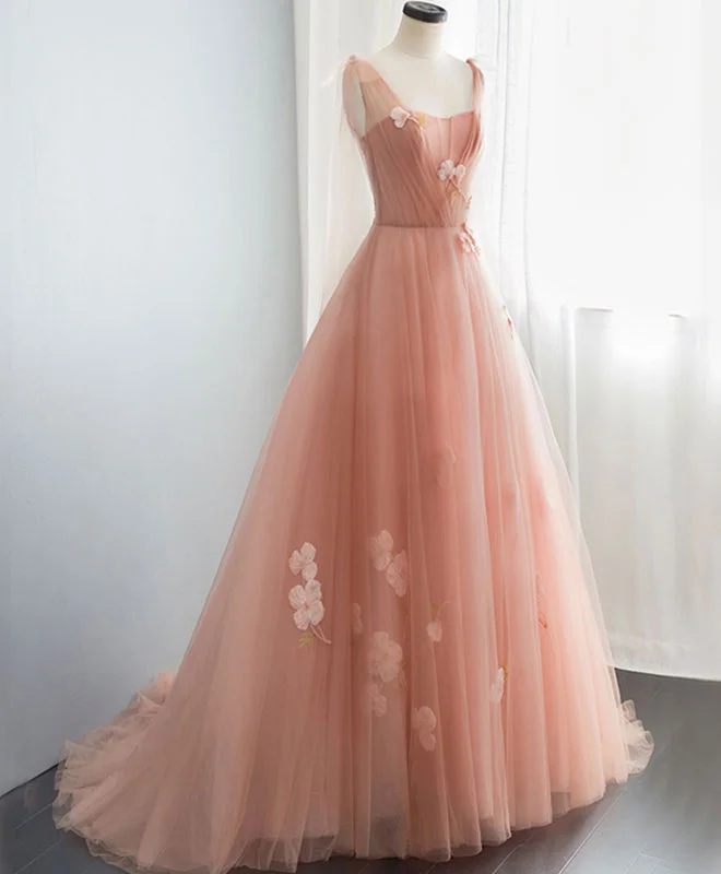 Minimal Style Pink V Neck Tulle Long Prom Dress, Tulle Pink Evening Dress