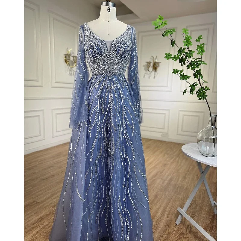 Sweet Breath Serene Hill Arabic Blue A Line Beaded Evening Dresses Long 2024 Celebrity Gowns For Women Wedding Party LA72099