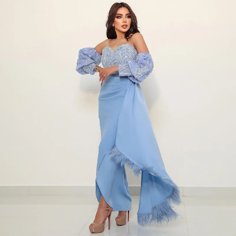 Fashion And Simplicity Serene Hill Arabic Blue Sexy Mermaid Puff Sleeves Beaded Feathers Luxury Dubai Evening Dresses Gowns For Women Party LA72080 Fashion And Simplicity Serene Hill Arabic Blue Sexy Mermaid Puff Sleeves Beaded Feathers Luxury Dubai Evening Dresses Gowns For Women Party LA72080