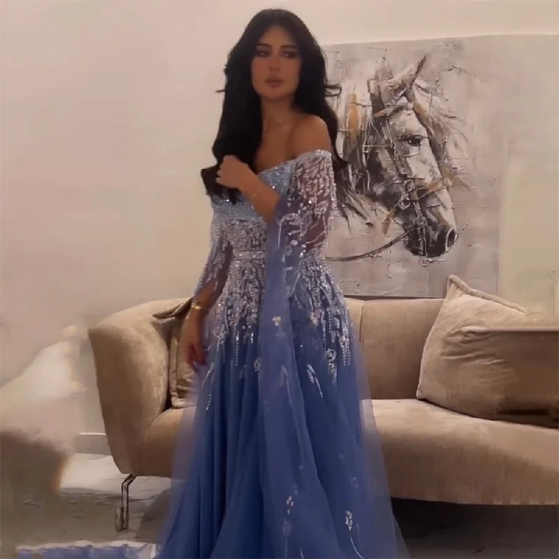 Fresh Wear Serene Hill Blue A-Line Sexy Off Shoulder Cape Sleeves Beaded Luxury Evening Dresses Gowns For Women Arabic Party 2024 LA71836 Fresh Wear Serene Hill Blue A-Line Sexy Off Shoulder Cape Sleeves Beaded Luxury Evening Dresses Gowns For Women Arabic Party 2024 LA71836