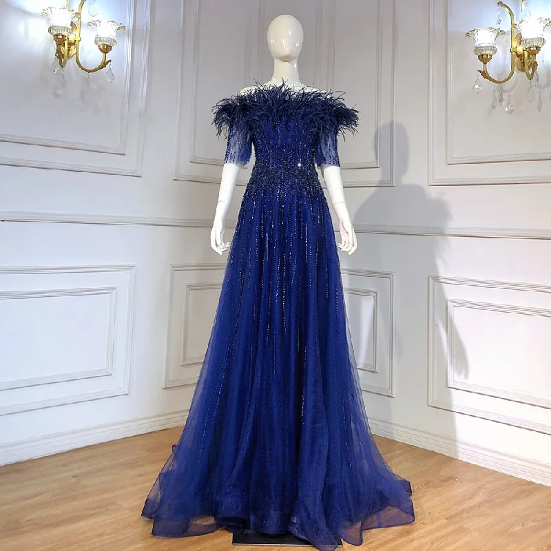 High-end Customization Serene Hill Blue Boat Neck Luxury Evening Dresses Gowns 2024 Short Sleeves Beaded Feather A-Line For Women Party LA71524 High-end Customization Serene Hill Blue Boat Neck Luxury Evening Dresses Gowns 2024 Short Sleeves Beaded Feather A-Line For Women Party LA71524