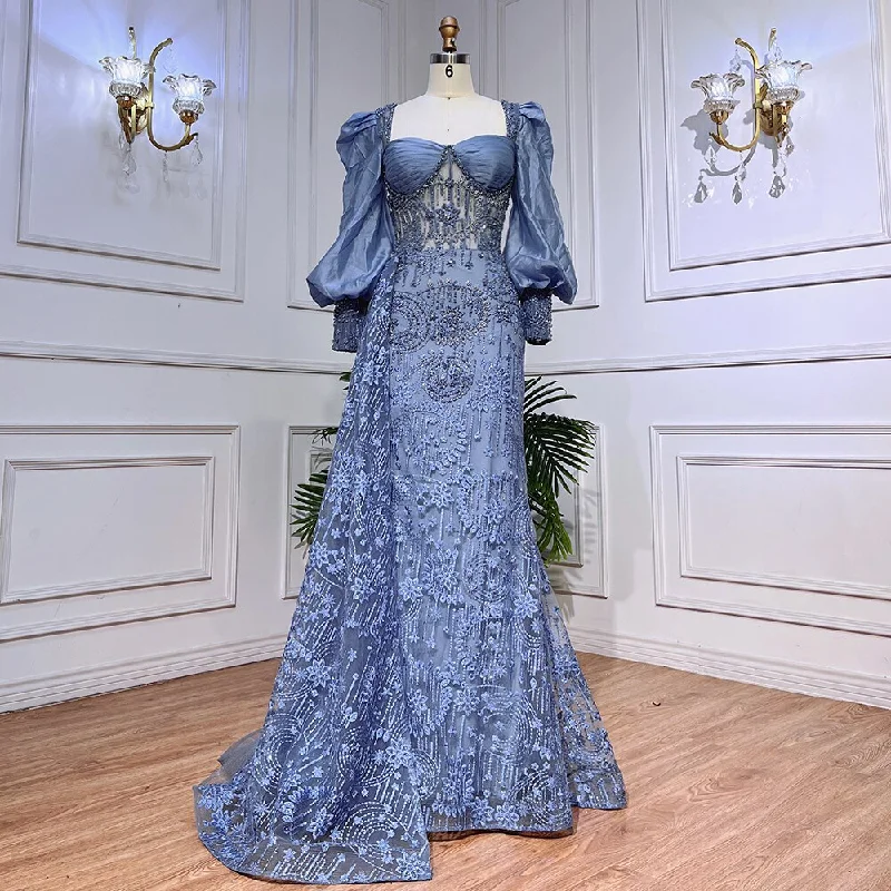 Fashionable Items Serene Hill Blue Mermaid Lace Beaded Formal Evening Dresses With Balloon Sleeves For Woman Wedding Party Gowns LA72034 Fashionable Items Serene Hill Blue Mermaid Lace Beaded Formal Evening Dresses With Balloon Sleeves For Woman Wedding Party Gowns LA72034