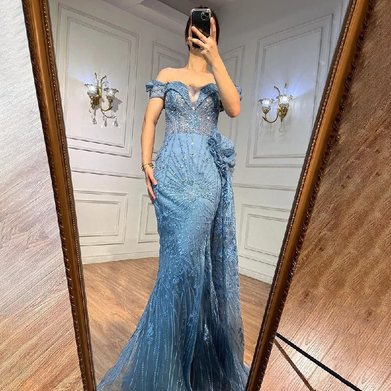 Summer Selection Serene Hill Blue Mermaid Lace Beaded Formal Occasion Evening Dresses With Overskirt Or Woman Wedding Party Gowns LA72042 Summer Selection Serene Hill Blue Mermaid Lace Beaded Formal Occasion Evening Dresses With Overskirt Or Woman Wedding Party Gowns LA72042