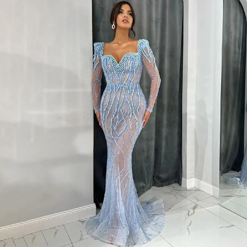 Economic Outlook Serene Hill Blue Mermaid Luxury Pearls Beaded Arabic Elegant Evening Dresses Gowns For Woman Wedding Party LA71861