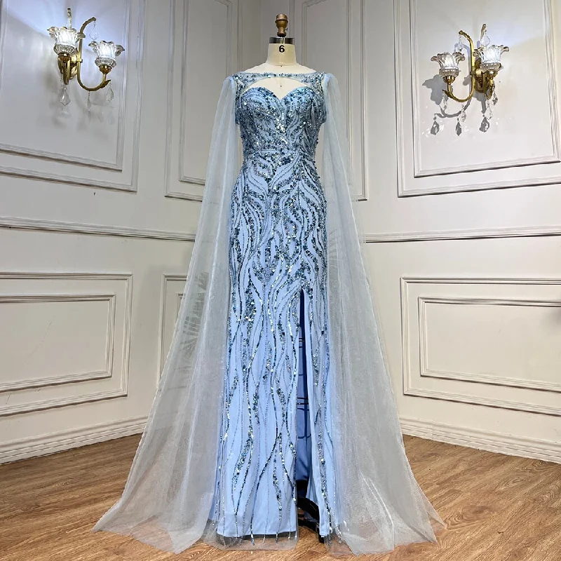 Fashionable Inner Wear Serene Hill Blue Mermaid Sexy Long Cape Sleeves Evening Dresses High Slipt Gowns Luxury Beaded 2024 For Women Party LA72015 Fashionable Inner Wear Serene Hill Blue Mermaid Sexy Long Cape Sleeves Evening Dresses High Slipt Gowns Luxury Beaded 2024 For Women Party LA72015