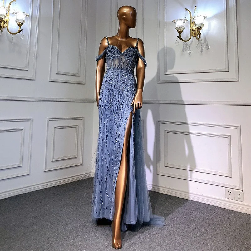 Elegant Series Serene Hill Blue Mermaid Sexy Spaghetti Straps High Split Evening Dresses Gowns Luxury Beaded 2024 For Women Party LA71571