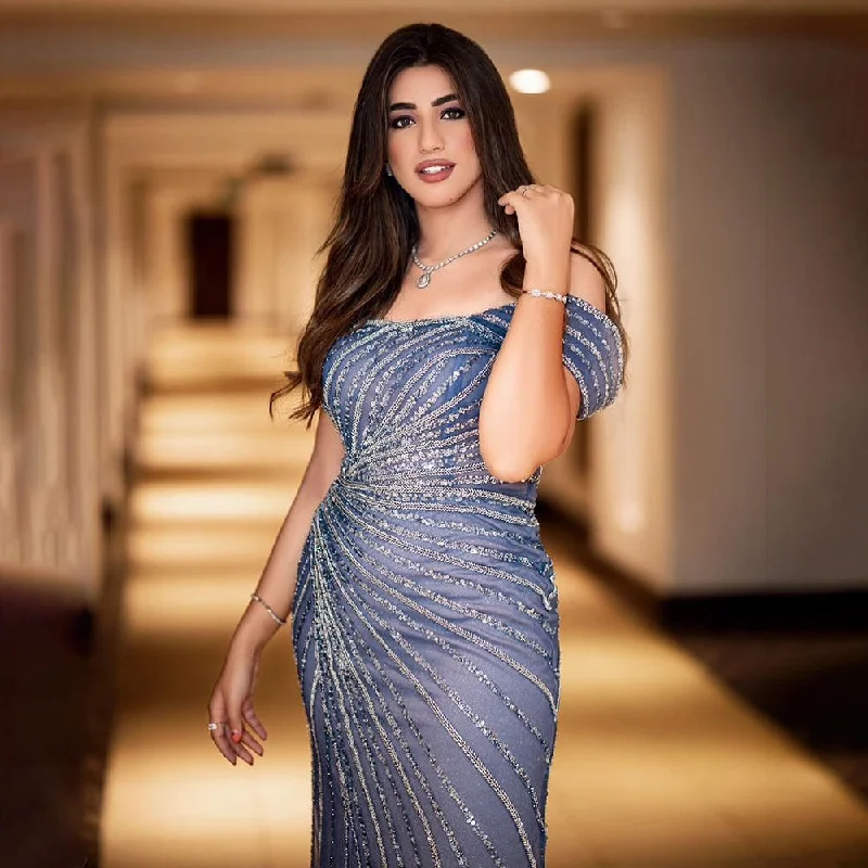Simple Design Serene Hill Blue Sexy Boat Neck Split Mermaid Elegant Beaded Arabic Evening Dresses Gowns For Woman Wedding Party 2024 LA71858