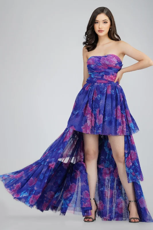 Minimal Classic Shiloh High Low Tulle Dress in Blue Print