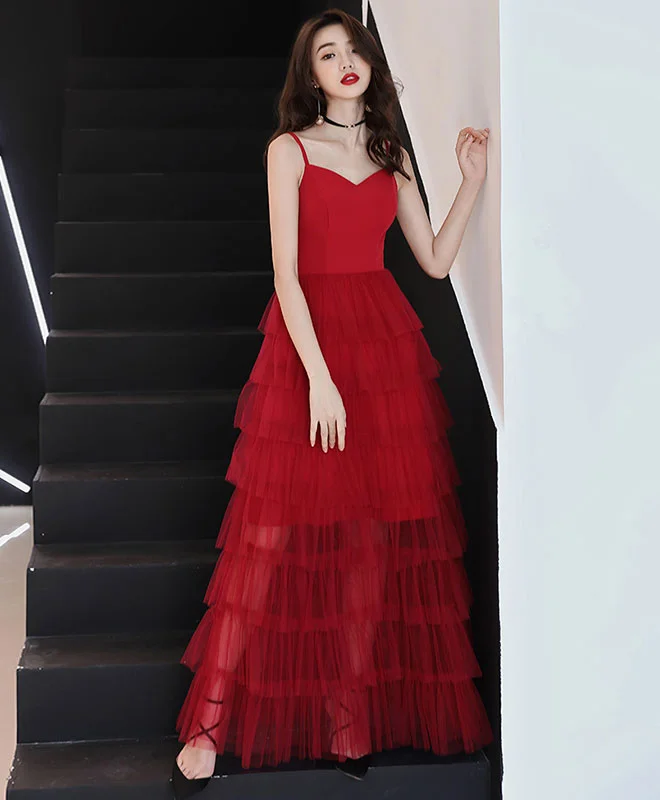Practical Style Simple Red Tulle Long Prom Dress, Red Tulle Evening Dress