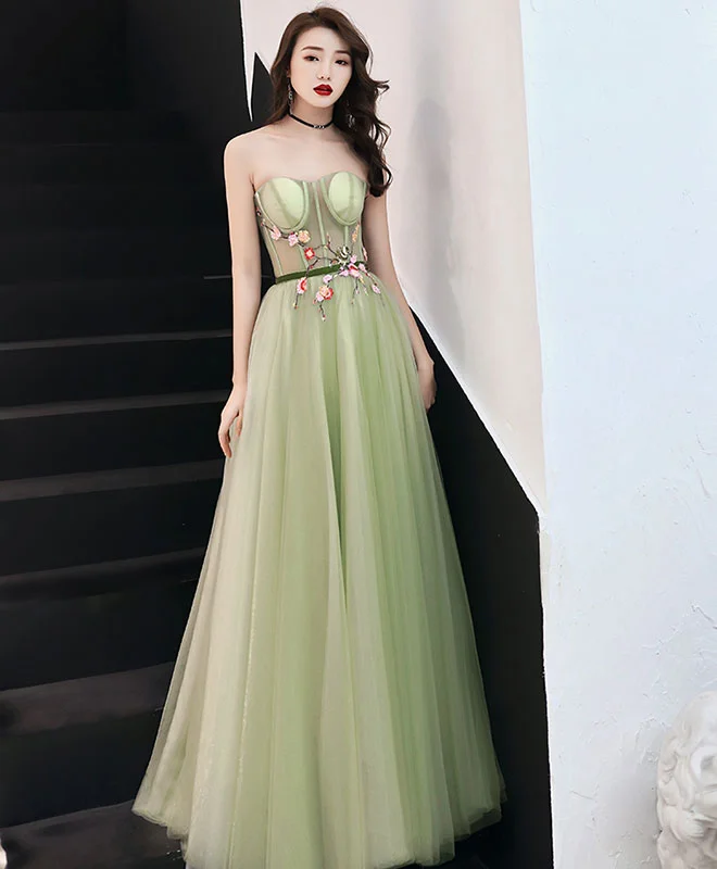 Classic Color Simple Sweetheart Neck Tulle Long Prom Dress, Green Evening Dress