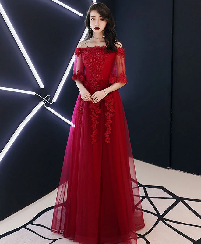 High-end Wear Simple Tulle Lace Long Burgundy Prom Dress, Burgundy Tulle Evening Dress