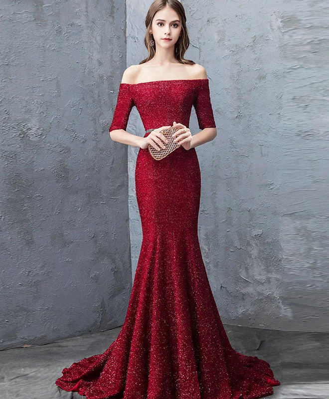 Fashion Must-have Unique Burgundy Mermaid Long Prom Dress, Burgundy Evening Dress