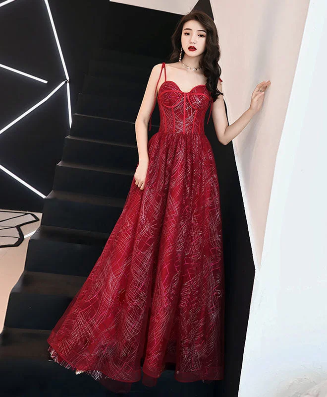 Romantic Temperament Unique Sweetheart Tulle Long Prom Dress, Burgundy Tulle Evening Dress