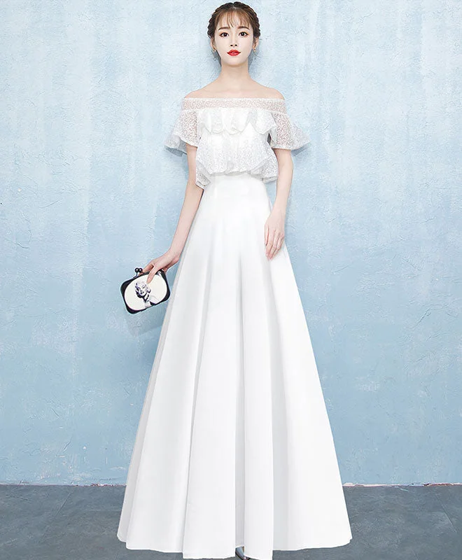 Fashion Concept White A-Line Lace Satin Long Prom Dress, White Evening Dress