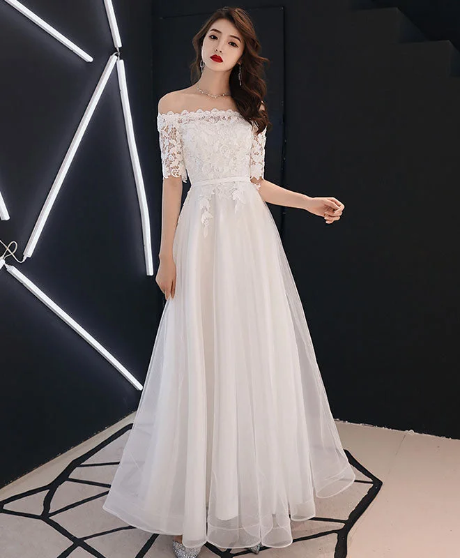Advanced Design White Lace Tulle Long Prom Dress, White Tulle Lace Bridesmaid Dress