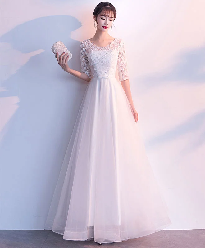 Sports Style White Tulle Lace Long Prom Dress, White Tulle Lace Evening Dress