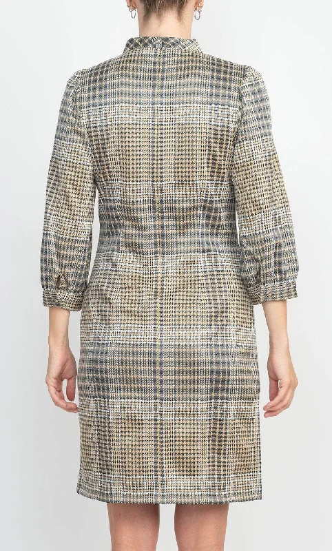 High-end Fashion London Times T5954M - Checkered Bishop Sleeve Dress