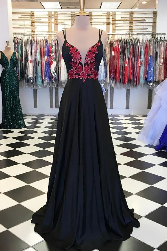 Free And Comfortable Black lace applique satin long prom dress, black evening dress