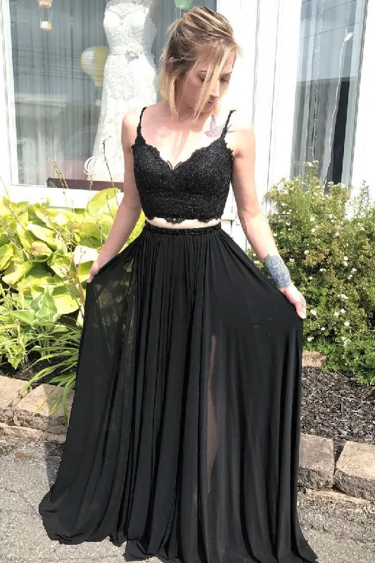 High-end Design Black two pieces lace long prom dress, black evening dress