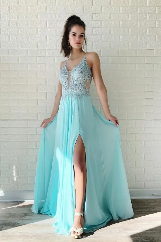 Personalized Outfit Blue lace chiffon long prom dress, lace evening dress