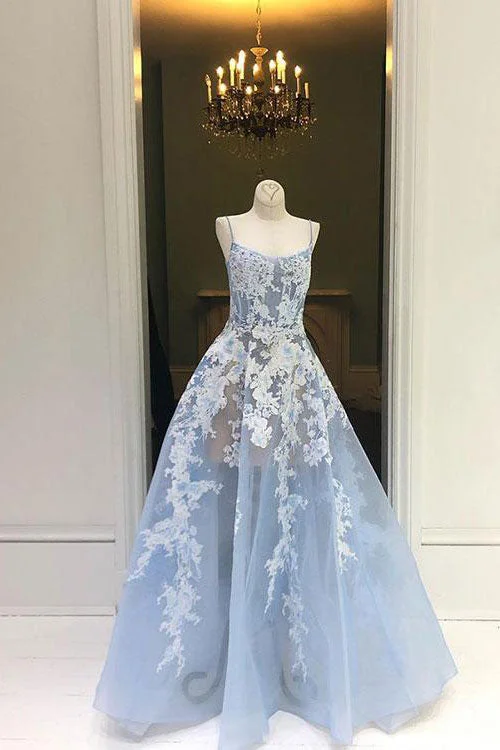 Leisure Sports Blue tulle lace long prom dress, blue tulle evening dress