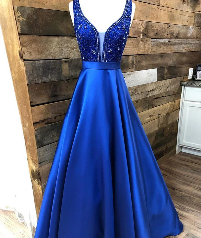 Personalized Series Blue v neck beads satin long prom dress, blue evening dress