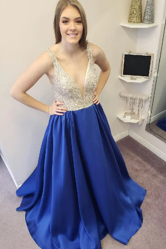 Goddess Outfit Blue v neck satin long prom dress, blue evening dress