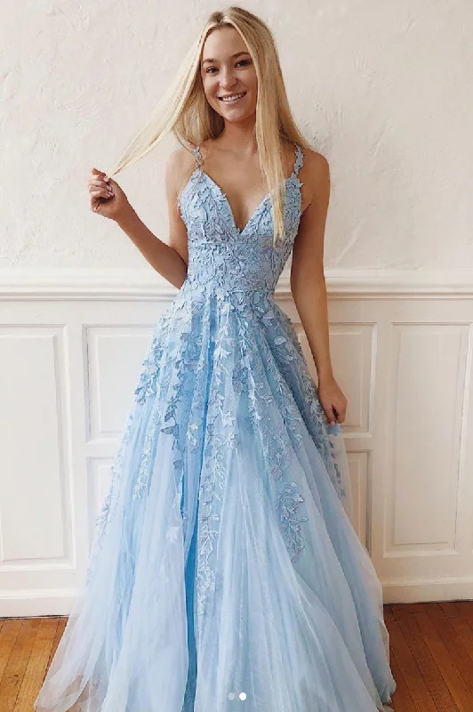 Body Design Blue v neck tulle lace long prom dress, blue tulle bridesmaid dress