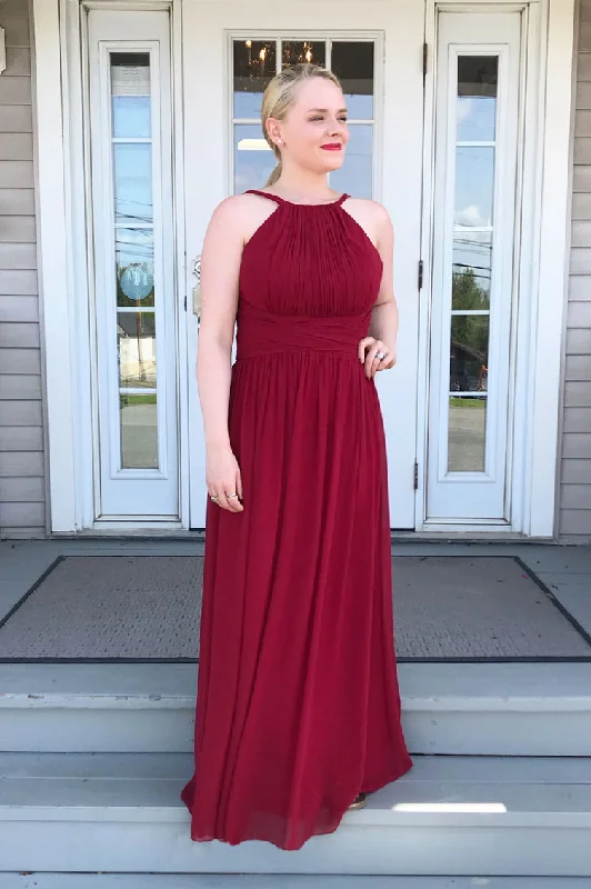 Lace Design Burgundy chiffon long prom dress, burgundy bridesmaid dress
