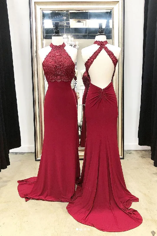 Fashion And Simplicity Burgundy high neck lace mermaid long prom dress, lace evening dress