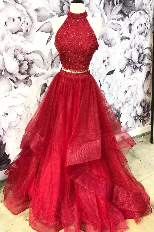 Economic Outlook Burgundy two pieces tulle lace long prom dress, lace evening dress