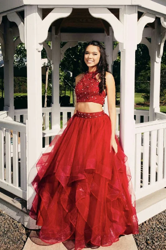 High-quality Design Burgundy two pieces tulle long prom dress, burgundy evening dress